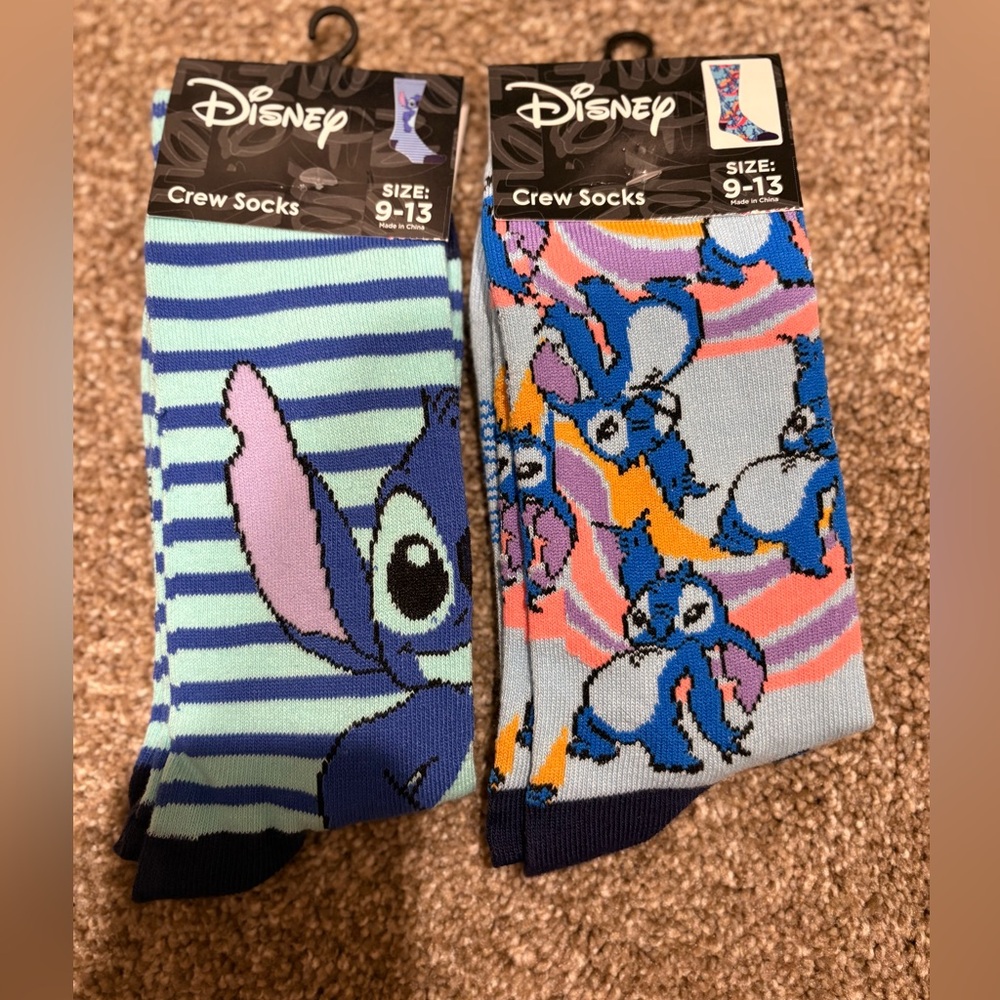 Disney Stitch Striped and Patterned Crew Socks - Blue, Pink, and Orange 2 pair.